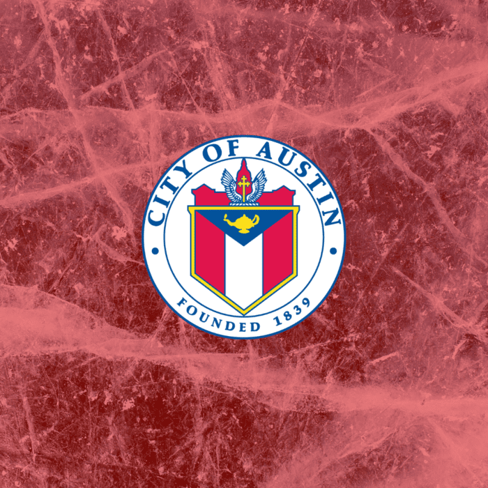 red-toned image of ice with city of austin logo