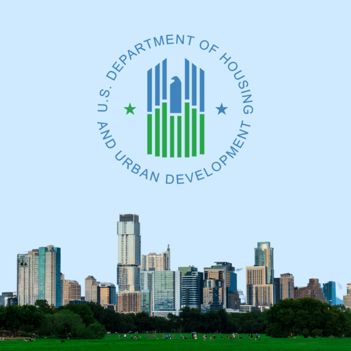 City of Austin skyline on pale blue background with HUD logo